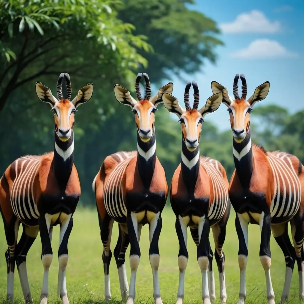 Prompt: Image de 6 Okapis de la RDC dans un beau paysage vert avec un ciel bleu