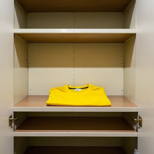 Prompt: yellow folded t-shirt on a shelf inside an empty closet
