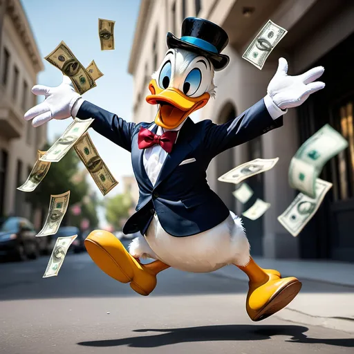 Prompt: Donald duck dancing wearing sunglasses wearing suit tossing money