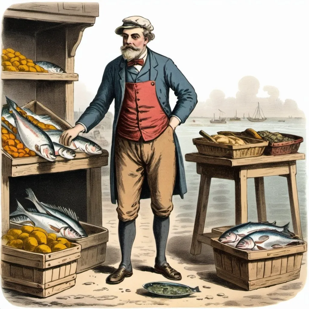 Prompt: fishmonger,hand-colored vintage English engraving circa 20th century,colorful,romanticism,full body