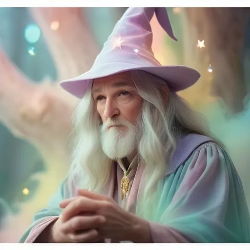 Prompt: Dreamy pastel portrait, wizard, ethereal atmosphere, soft focus