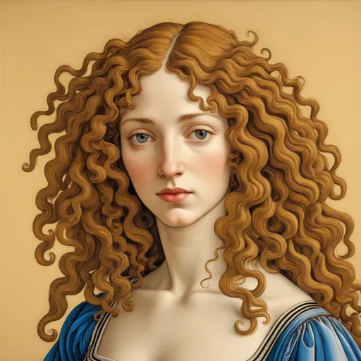 Prompt: Sandro Botticelli style woman with curly hair, early Renaissance, mythological, linear, vibrant