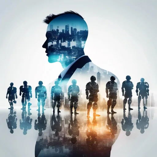 Prompt: <mymodel> Focus on ((silhouette-sideview-businessman overlay AI robot army)). Double Exposure style, Blending 2 concept, no reflection, left copy space 8k isolated plain white background.