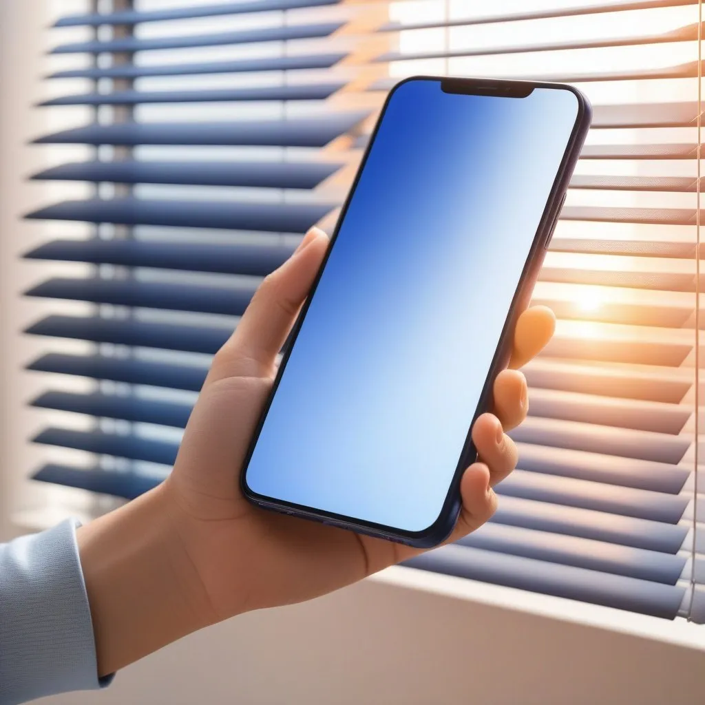 Prompt: Close-up hand, ((hand hold indigo smartphone, monitor white blank)) in morning sunshine scene, warm light through tidy blinds, 100% isolate pastel more blur background.