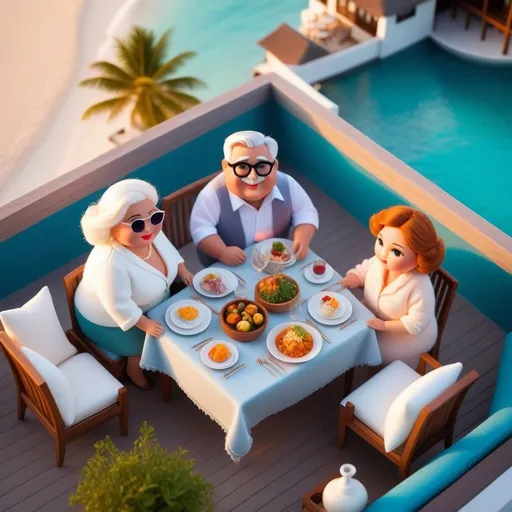 Prompt: Topview a fashionable couple of chubby elder dinner on Maldives rooftop, sunset scene, Cliff Childs, romanticism, high fabric detail, detail  face, Pixar style, a pastel wool felt doll illustration