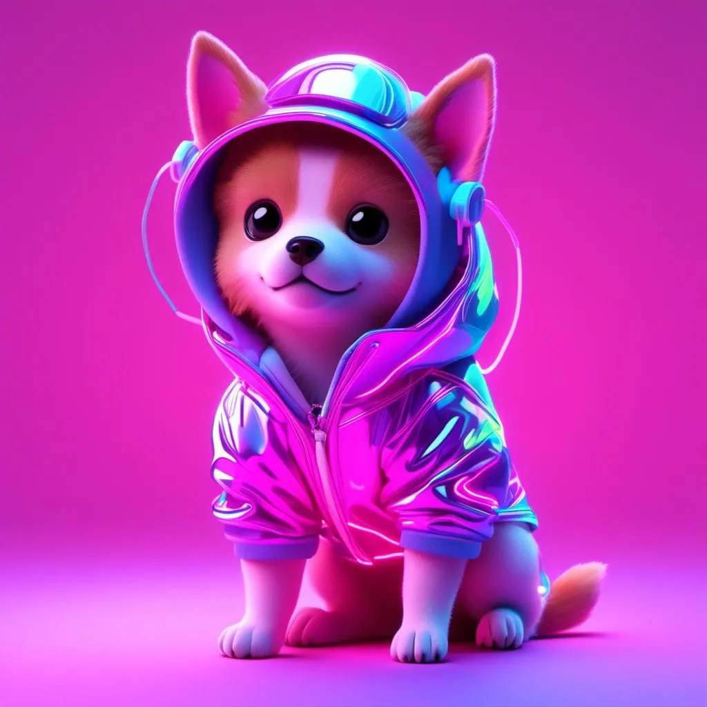 Prompt: <mymodel> cute dog , neon jacket {synthwave}, soft smooth lighting, soft colors sticker, 100mm lens 3d blender render, 100% plain white background