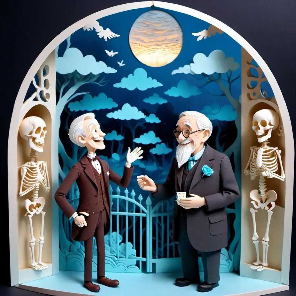 Prompt: <mymodel>A dapper elderly gentleman with a beaming smile holds his hat in hand as he gazes into the eyes of a complete human skeleton. They are surrounded by clouds near the gates of heaven, all depicted in a 3D Pixar-style felt doll aesthetic, bathed in a storybook-inspired light blue hue.