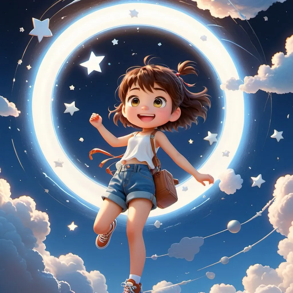 Prompt: A kawaii girl with brown hair and a white tank top is falling from the sky in a 2D flat cartoon style. She wears denim pants and is surrounded by star light that filters through the clouds in a circular shape. The Saturn is setting behind her. The style is inspired by Yoji Shinkawa, Jackson Pollock, Wojtek Fus, and Makoto Shinkai. The background is blue and has hard-brushstroke perspective. It is a digital art concept.
