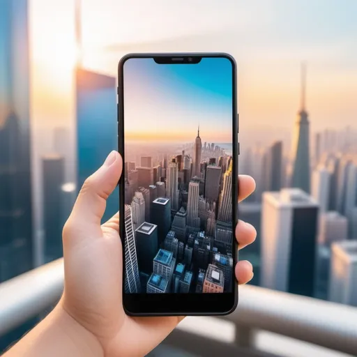 Prompt: Close-up hand, ((hand hold black smartphone, monitor white-isolate-blank)) in morning sunshine scene, warm light through skyscraper city, pastel more blur background.