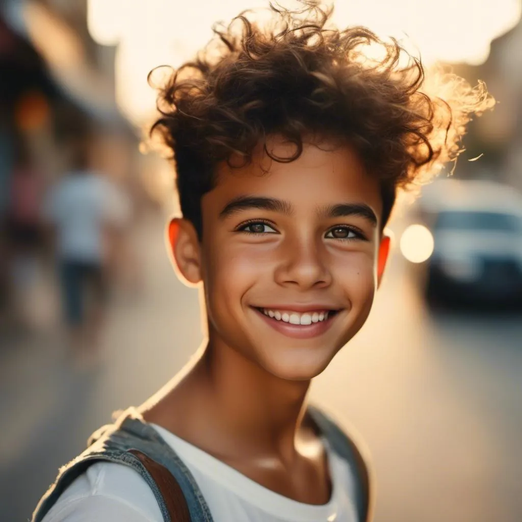 Prompt: <mymodel>A boy portrait in Midjourney  style, ...white tank top, smiling gross full lip, light skin, big eyes, direct warm light on street