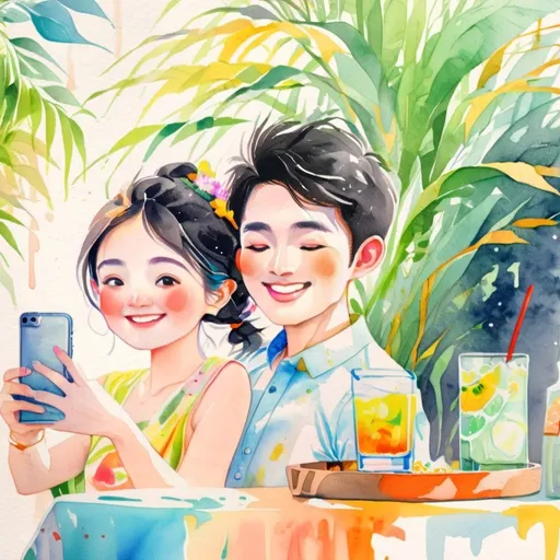 Prompt: <mymodel>An Asian couple selfie portrait in 2D watercolor Illustration Midjourney style, Songkran's' day Background, low resolution, best proportions, 8K