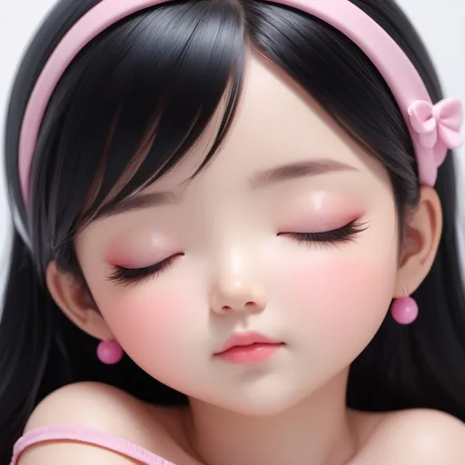 Prompt: SD Cute kawaii anime style, high detailed, white background, 3-year-old pixie, straight long black hair, pink off-the-shoulder top, chubby cheeks, sleeping on large water drop expression, professional, detailed closed eyes, multiple angles, vibrant colors, best quality