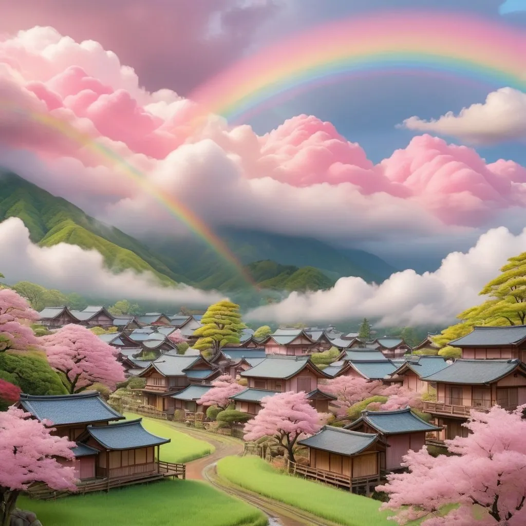 Prompt: Dreamlight Japanese pastel wood village valley on cloud, pink sky, big rainbow