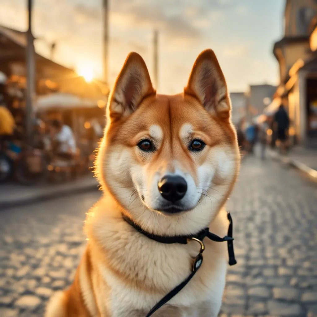 Prompt: <mymodel>A Shiba portrait in Midjourney  style, light skin, big eyes, direct warm light on street