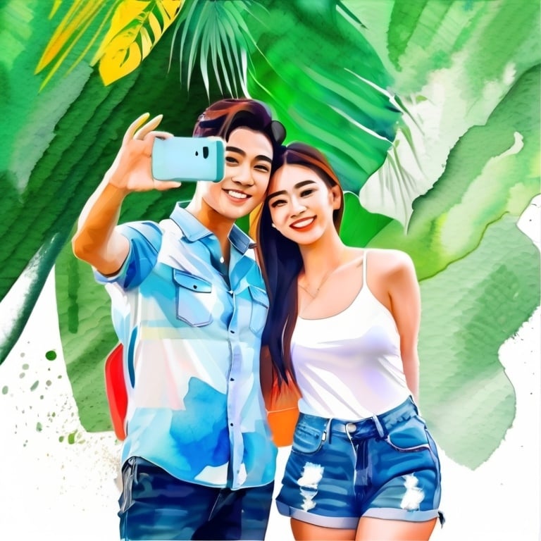 Prompt: <mymodel>An Asian couple selfie portrait in 2D watercolor Illustration Midjourney style, Songkran's' day Background, low resolution, best proportions, 8K