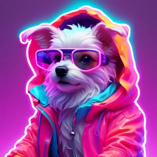 Prompt: <mymodel> cute dog sticker, neon jacket {synthwave}, soft smooth lighting, soft colors, 100mm lens, 100% plain white background