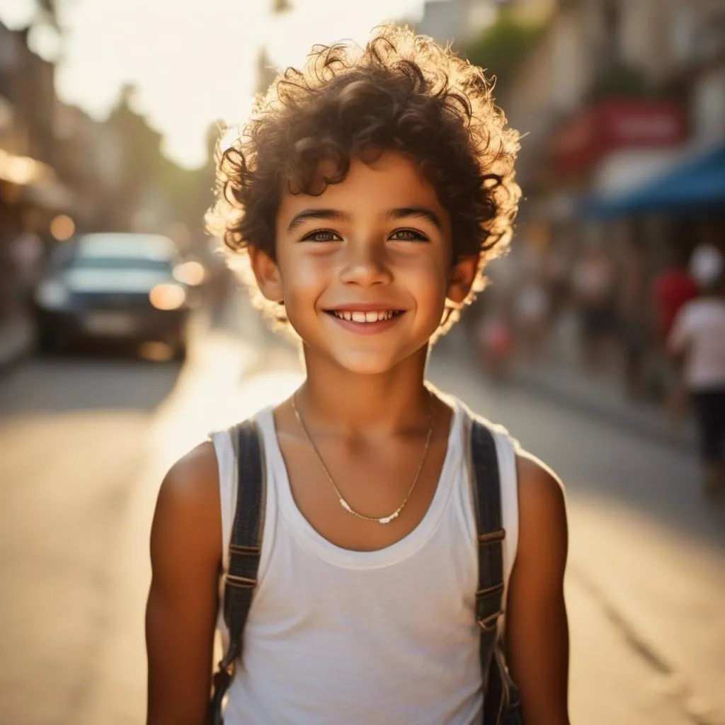 Prompt: <mymodel>A boy portrait in Midjourney  style, ...white tank top, smiling gross full lip, light skin, big eyes, direct warm light on street