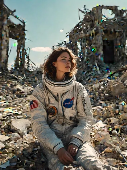 Prompt: <mymodel>A girl in a space suit and brown hair is plummeting from the sky in a 2D cartoon style. She clutches the last plant as she passes through the ruins of a world devastated by nuclear bombs. The fragments of the shattered earth are behind her. The style is influenced by Yoji Shinkawa, Jackson Pollock, Wojtek Fus, and Makoto Shinkai. The background is blue and has a rough-brushstroke perspective. It is a Midjourney digital art concept.

