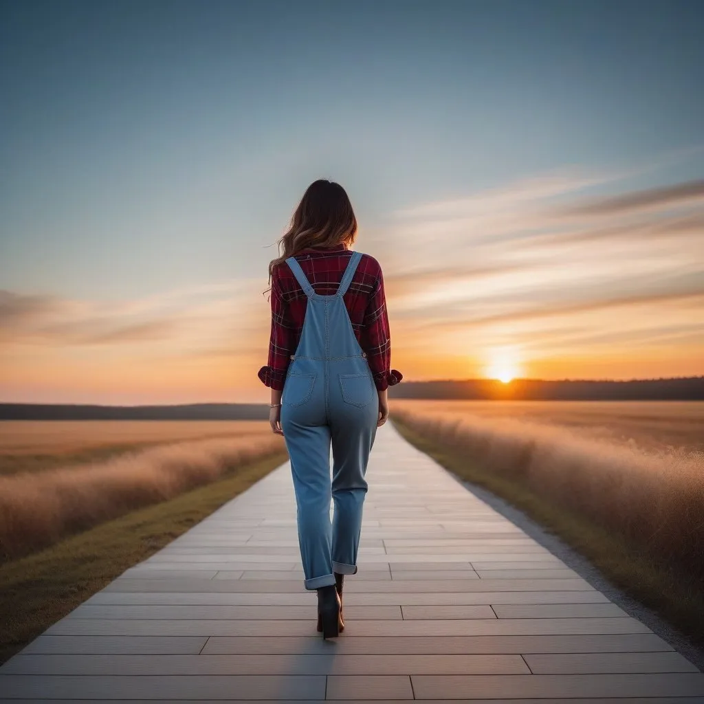 Prompt: Back wide view of a denim overall alone hand hold flannel on walkway, sunset scene, romanticism