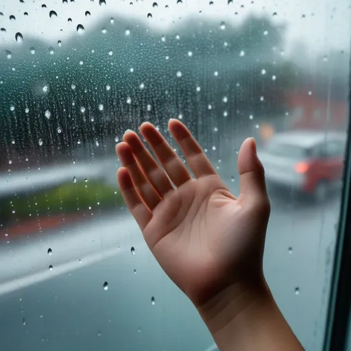 Prompt: Back wide view of hand touch ((waterdrops on temper glass window)), rainy+cloud in Madrid view