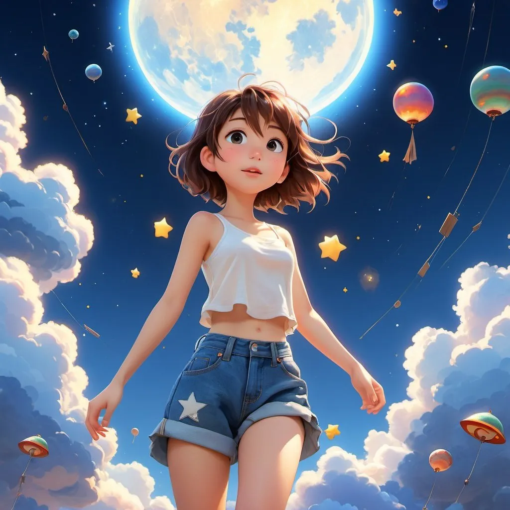 Prompt: A kawaii girl with brown hair and a white tank top is falling from the sky in a 2D flat cartoon style. She wears denim pants and is surrounded by star light that filters through the clouds in a circular shape. The Saturn is setting behind her. The style is inspired by Yoji Shinkawa, Jackson Pollock, Wojtek Fus, and Makoto Shinkai. The background is blue and has hard-brushstroke perspective. It is a digital art concept.
