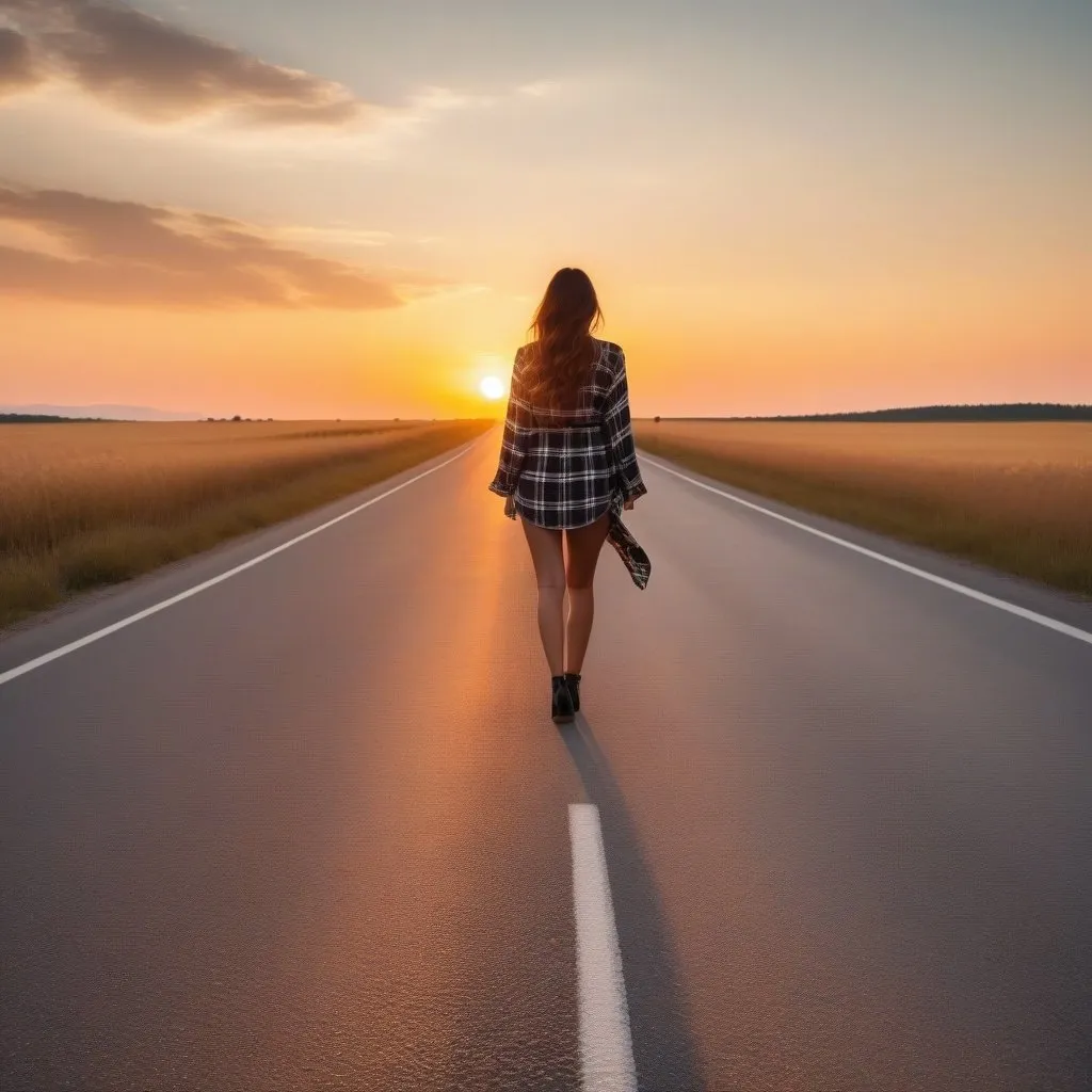 Prompt: Back wide view of a summer fashion alone hand hold flannel on road, sunset scene, romanticism