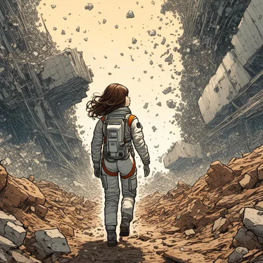 Prompt: <mymodel>A girl in a space suit and brown hair is plummeting from the sky in a 2D cartoon style. She clutches the last plant as she passes through the ruins of a world devastated by nuclear bombs. The fragments of the shattered earth are behind her. The style is influenced by Yoji Shinkawa, Jackson Pollock, Wojtek Fus, and Makoto Shinkai. The background is blue and has a rough-brushstroke perspective. It is a digital art concept.

