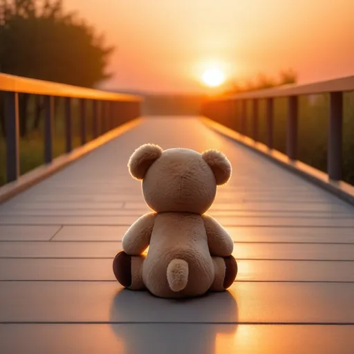 Prompt: Back wide view of alone hand hold crying teddybear on walkway, sunset scene, romanticism