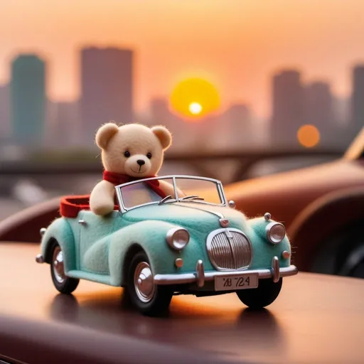 Prompt: Close-up, silhouette Cute Teddybear, cool pose on classic car, 2D sunset scene style, warm light through metro city, 100% isolate pastel background.