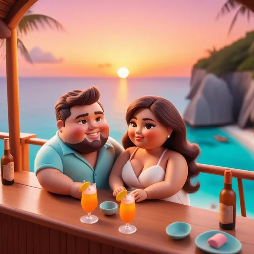 Prompt: Topview a fashionable chubby couple drunk at Maldives bar, sunset scene, Cliff Childs, romanticism, high fabric detail, detail  face, Pixar style, a pastel wool felt doll illustration