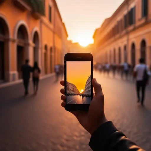 Prompt: Close-up, ((silhouette hand hold chat smartphone)) in sunset scene, warm light through blur Rome walking street, 100% isolate pastel background.