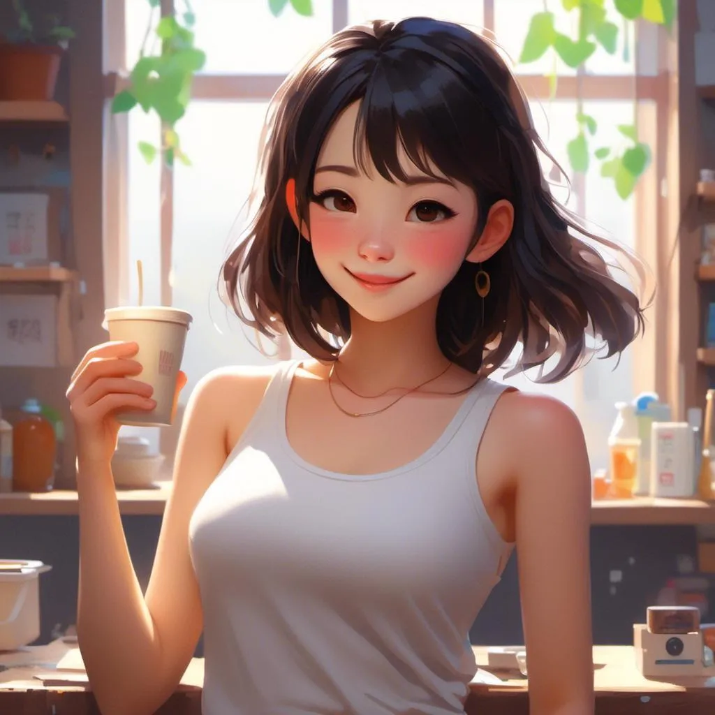 Prompt: <mymodel>A Asian girl portrait style, ...white tank top, smiling gross full lip, light skin, big eyes