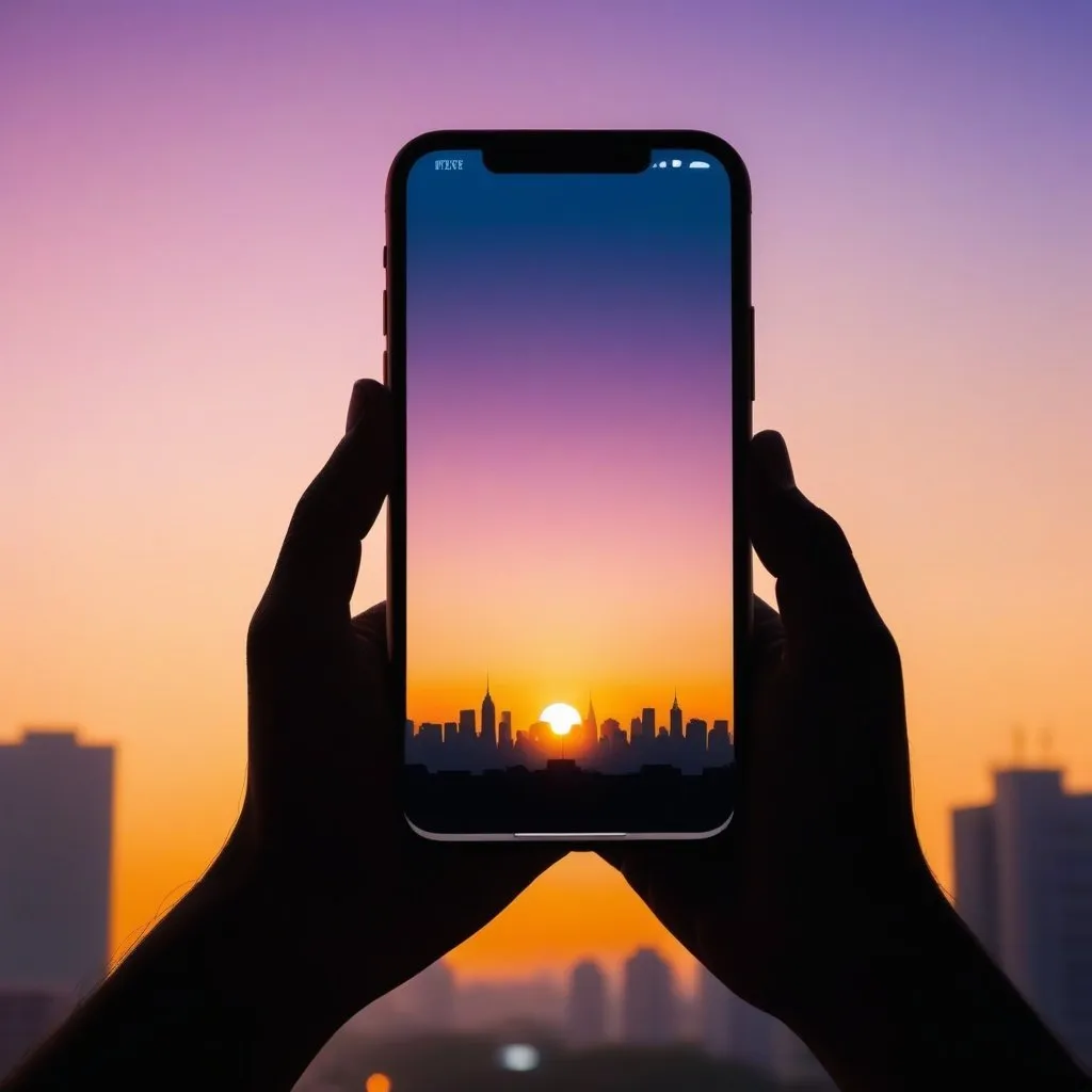 Prompt: Close-up, silhouette hand hold smartphone in sunset scene, warm light through metro city, 100% isolate pastel background.