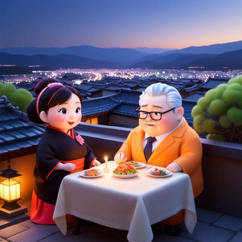 Prompt: Topview a fashionable couple of chubby elder dinner on Kyoto rooftop, night light scene, Cliff Childs, romanticism, high fabric detail, detail art face, 2D Pixar style, a pastel wool felt doll illustration