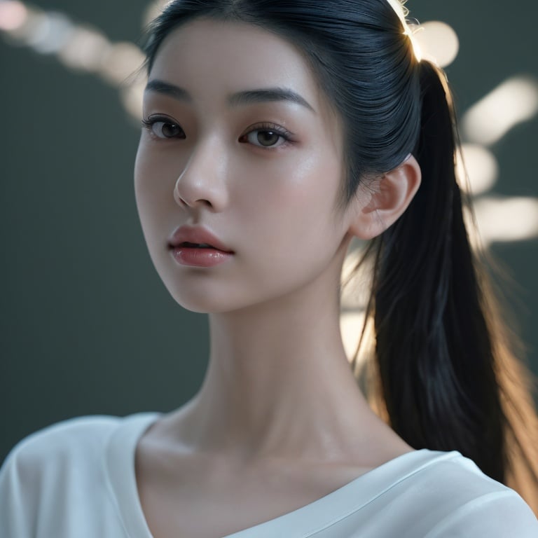 Prompt: (RAW photo, best quality, masterpiece, ultra-detailed, high res), (realistic),(extremely delicate and beautiful:1), mesmerizing portrait of an Asian woman with her hair in a half up half down style, detailed features, reflecting lights, glimmering lights, expression of feelings, imaginative, highly detailed, extremely high-resolution details, photographic, realism pushed to extreme, fine texture, 4k, ultra-detailed, high quality, high contrast, wear T-shirt