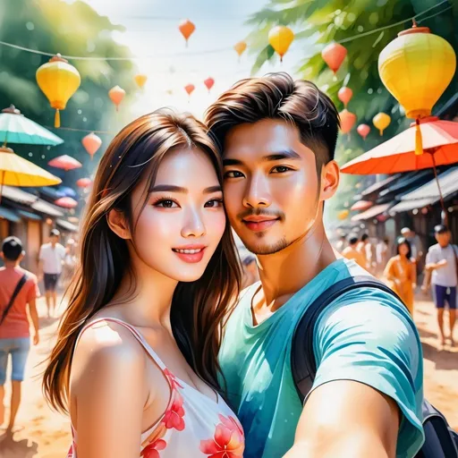 Prompt: <mymodel>An Asian couple selfie portrait in 2D watercolor Illustration Midjourney style, Songkran's' day Background, low resolution, best proportions, 8K