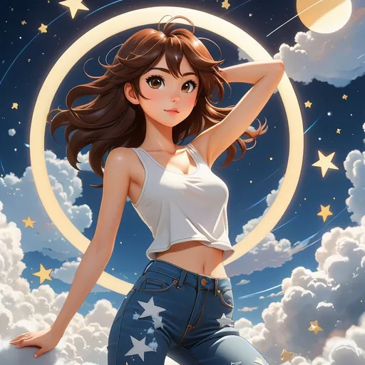 Prompt: A kawaii girl with brown hair and a white tank top is falling from the sky in a 2D flat cartoon style. She wears denim pants and is surrounded by star light that filters through the clouds in a circular shape. The Saturn is setting behind her. The style is inspired by Yoji Shinkawa, Jackson Pollock, Wojtek Fus, and Makoto Shinkai. The background is blue and has hard-brushstroke perspective. It is a digital art concept.
