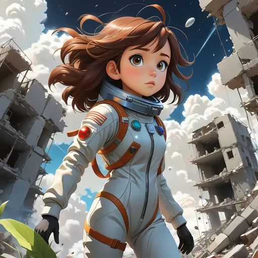 Prompt: A girl in a space suit and brown hair is plummeting from the sky in a 2D cartoon style. She clutches the last plant as she passes through the ruins of a world devastated by nuclear bombs. The fragments of the shattered earth are behind her. The style is influenced by Yoji Shinkawa, Jackson Pollock, Wojtek Fus, and Makoto Shinkai. The background is blue and has a rough-brushstroke perspective. It is a digital art concept.


