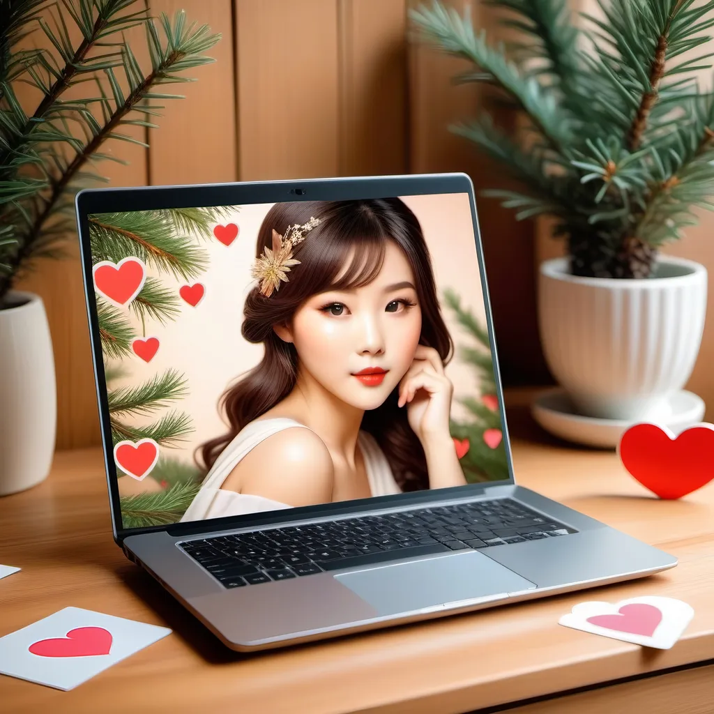 Prompt: laptop frame, Cute powerful feeling Asian girl is live streaming, sale cosmetic product, ((laptop on pine desk)) ((LIKE, heart stickers fold around image))