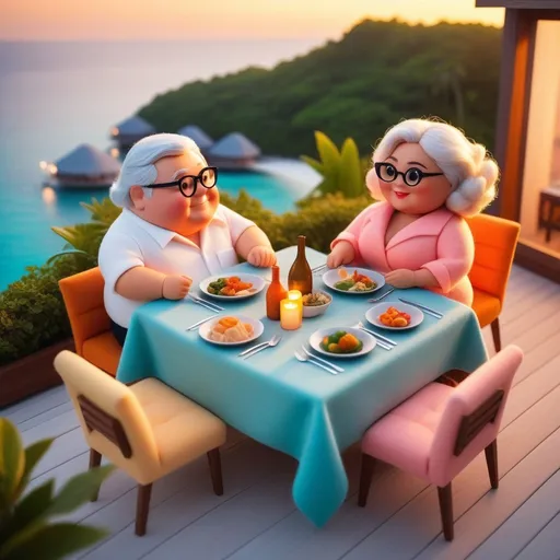 Prompt: Topview a fashionable couple of chubby elder dinner on Maldives rooftop, sunset scene, Cliff Childs, romanticism, high fabric detail, detail  face, Pixar style, a pastel wool felt doll illustration