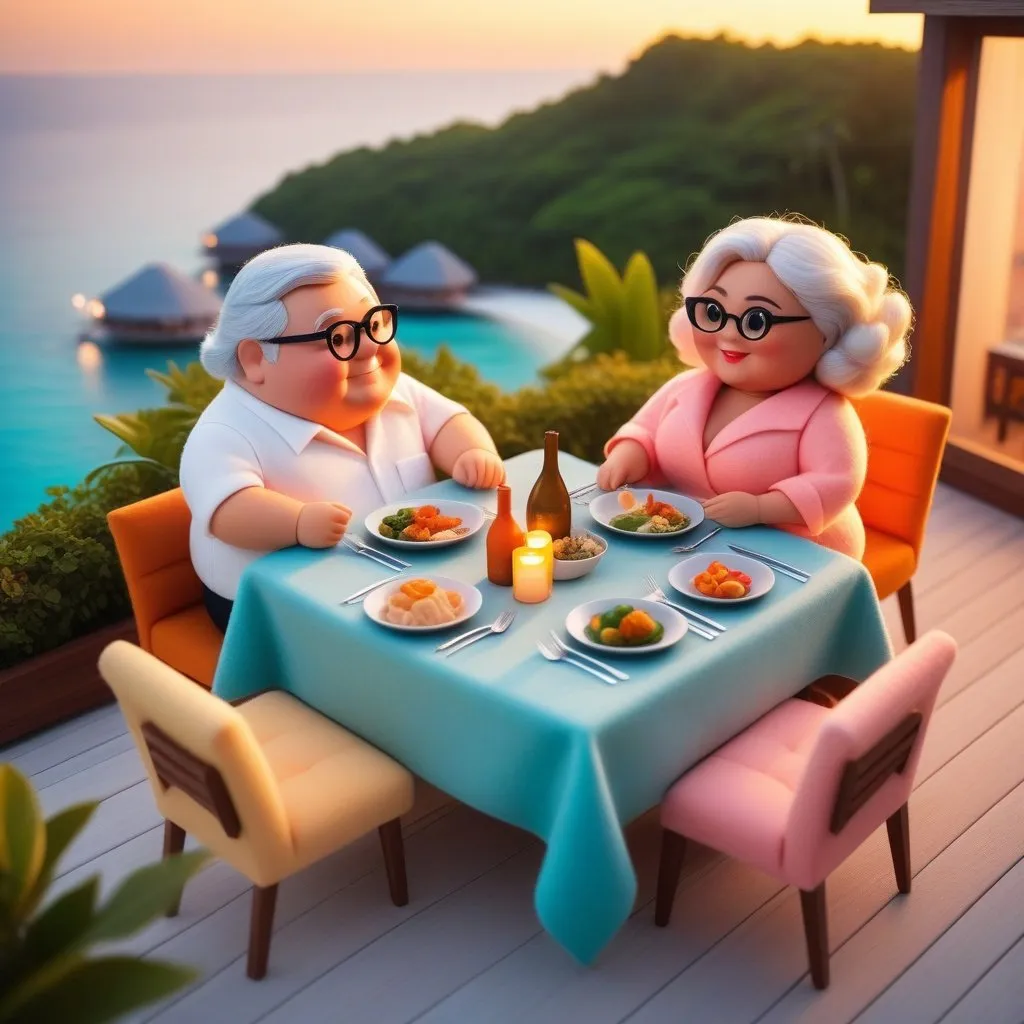 Prompt: Topview a fashionable couple of chubby elder dinner on Maldives rooftop, sunset scene, Cliff Childs, romanticism, high fabric detail, detail  face, Pixar style, a pastel wool felt doll illustration