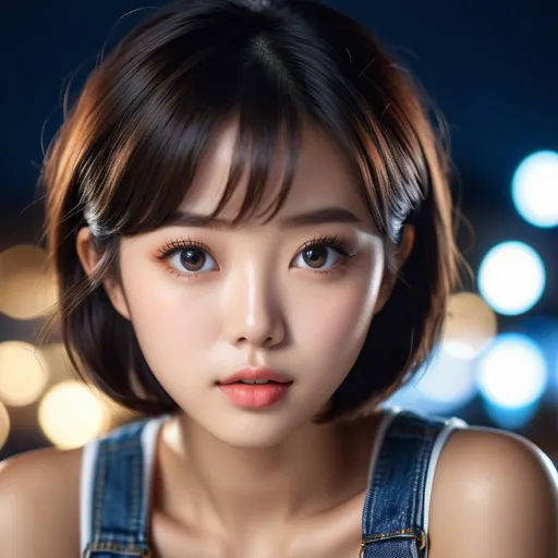 Prompt: (RAW photo, best quality, masterpiece, ultra-detailed, high res), (realistic),(extremely delicate and beautiful:1), mesmerizing look up view portrait  of Korean cute girl's eyes, short dark hair, full lips, denim overall, worry  expression, The film grain isolated background, detailed features, reflecting lights, glimmering lights, expression of feelings, imaginative, highly detailed, extremely high-resolution details, photographic, realism pushed to extreme, fine texture, 4k, ultra-detailed, high quality, high contrast, wearing Tank top and have big chest, Westerland background
