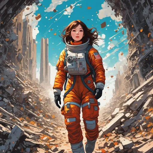 Prompt: <mymodel>A girl in a space suit and brown hair is plummeting from the sky in a 2D cartoon style. She clutches the last plant as she passes through the ruins of a world devastated by nuclear bombs. The fragments of the shattered earth are behind her. The style is influenced by Yoji Shinkawa, Jackson Pollock, Wojtek Fus, and Makoto Shinkai. The background is blue and has a rough-brushstroke perspective. It is a digital art concept.

