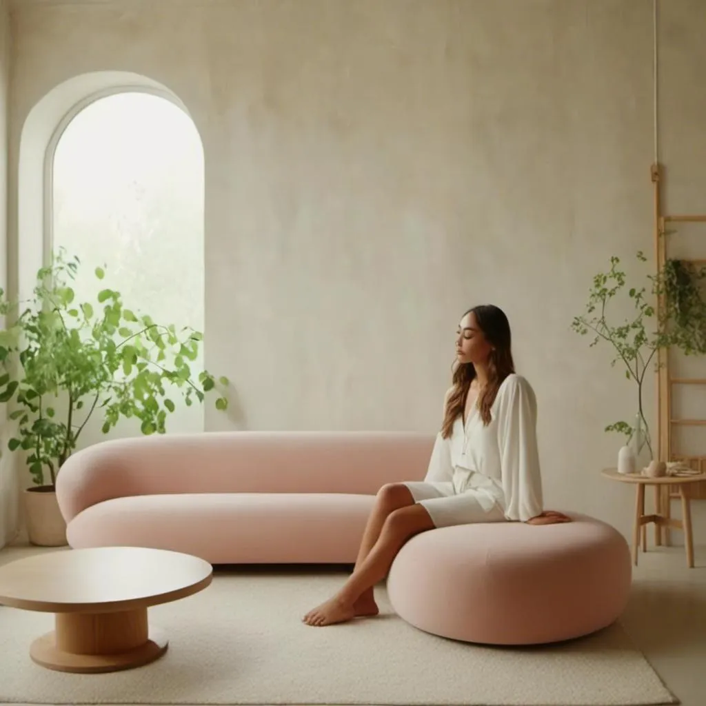 Prompt: <mymodel>Living room in the style of concrete modern house, Midjourney style, gross full lips cute Japanese girl sits on gross sofa, modern steel loft pastel room