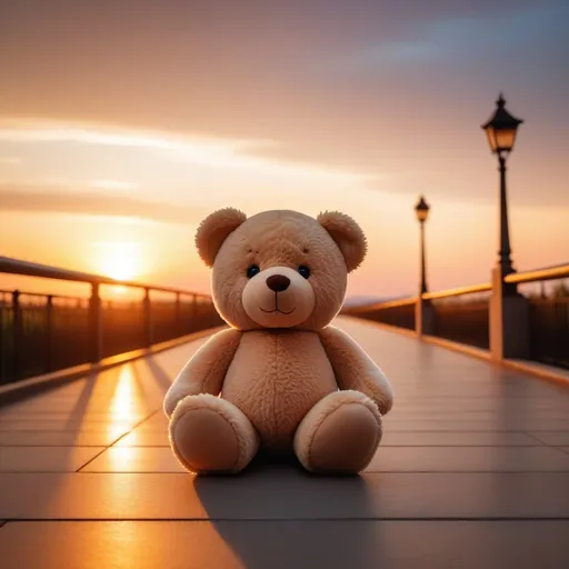 Prompt: Side wide view of alone hand hold crying Teddybear on walkway, sunset scene, romanticism