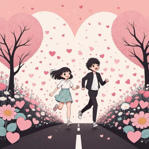 Prompt: hand-by-hand 2D kawaii couple is running away from  black giant hearts, little floral is foreground,  pastel style background