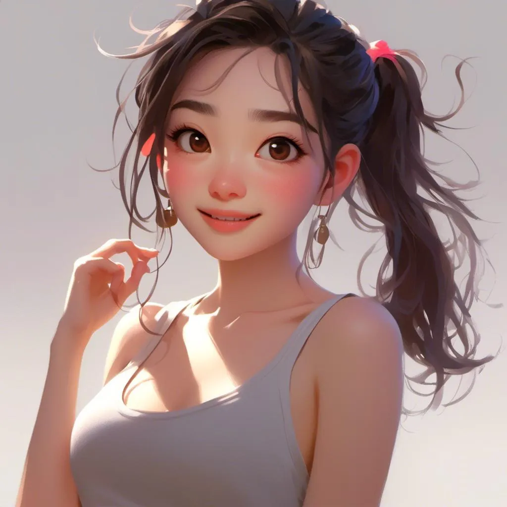 Prompt: <mymodel>A Asian girl portrait style, ...white tank top, smiling gross full lip, light skin, big eyes