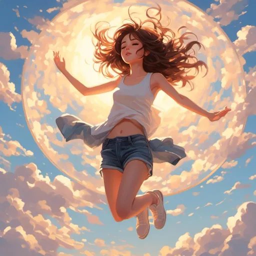 Prompt: <mymodel>A kawaii girl with brown hair and a white tank top is falling from the sky in a 2D flat cartoon style. She wears denim pants and is surrounded by warm light that filters through the clouds in a circular shape. The sun is setting behind her. The style is inspired by Yoji Shinkawa, Jackson Pollock, Wojtek Fus, and Makoto Shinkai. The background is blue and has hard-brushstroke perspective. It is a concept art piece.
