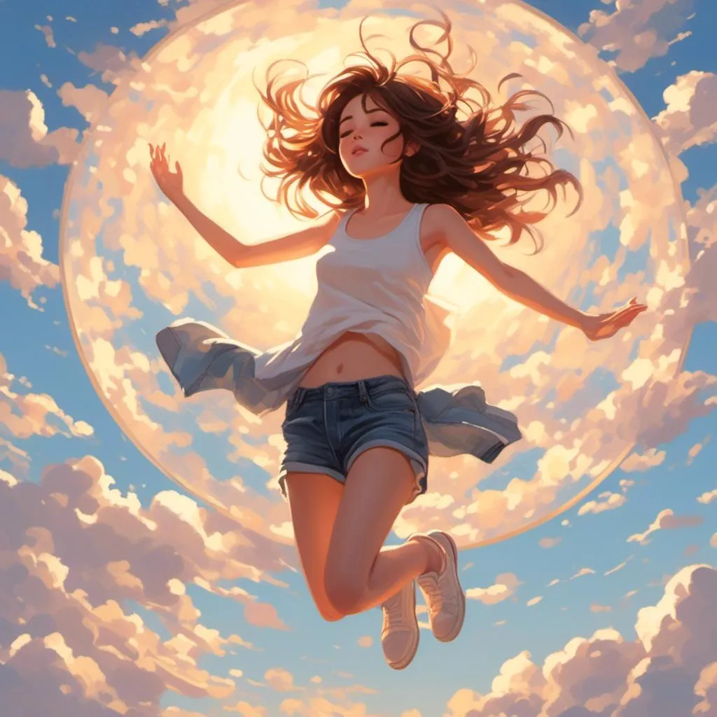 Prompt: <mymodel>A kawaii girl with brown hair and a white tank top is falling from the sky in a 2D flat cartoon style. She wears denim pants and is surrounded by warm light that filters through the clouds in a circular shape. The sun is setting behind her. The style is inspired by Yoji Shinkawa, Jackson Pollock, Wojtek Fus, and Makoto Shinkai. The background is blue and has hard-brushstroke perspective. It is a concept art piece.
