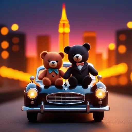 Prompt: Close-up, silhouette Cute Teddybear couple, cool pose on classic car, 2D sunset scene style, warm light through metro city, 100% isolate neon background.
